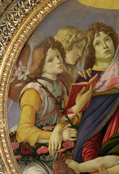 Jungfrau und Kind mit sechs Engeln, genannt Die Madonna des Granatapfels (Detail) von Sandro Botticelli